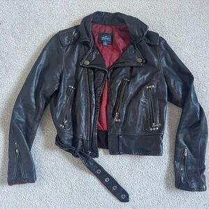 Vintage American Eagle Cropped Black Leather Jacket with Red Lining